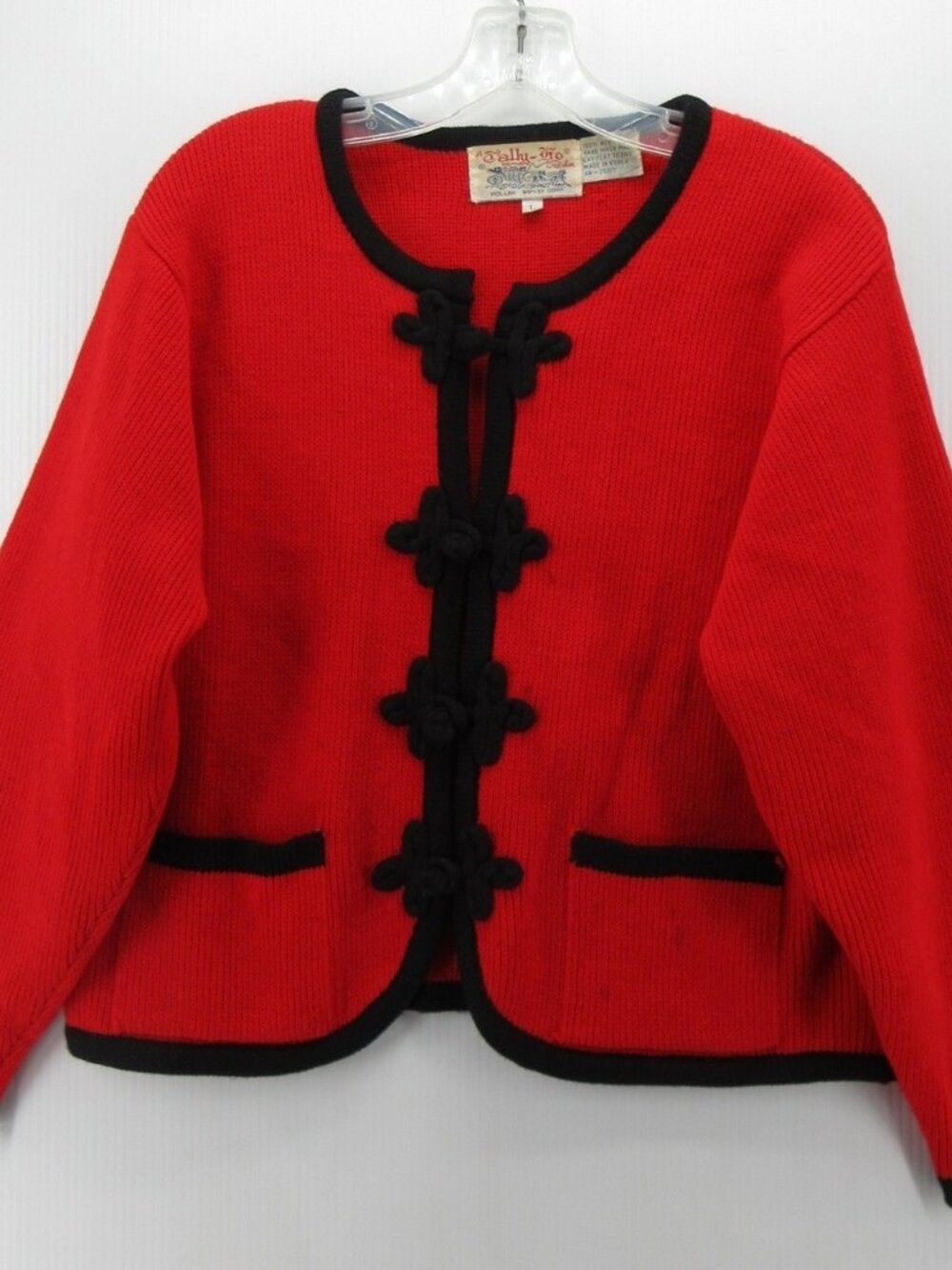 VINTAGE Tally Ho Sweater Large Cardigan 80s Ribbed Toggle Crop Art *